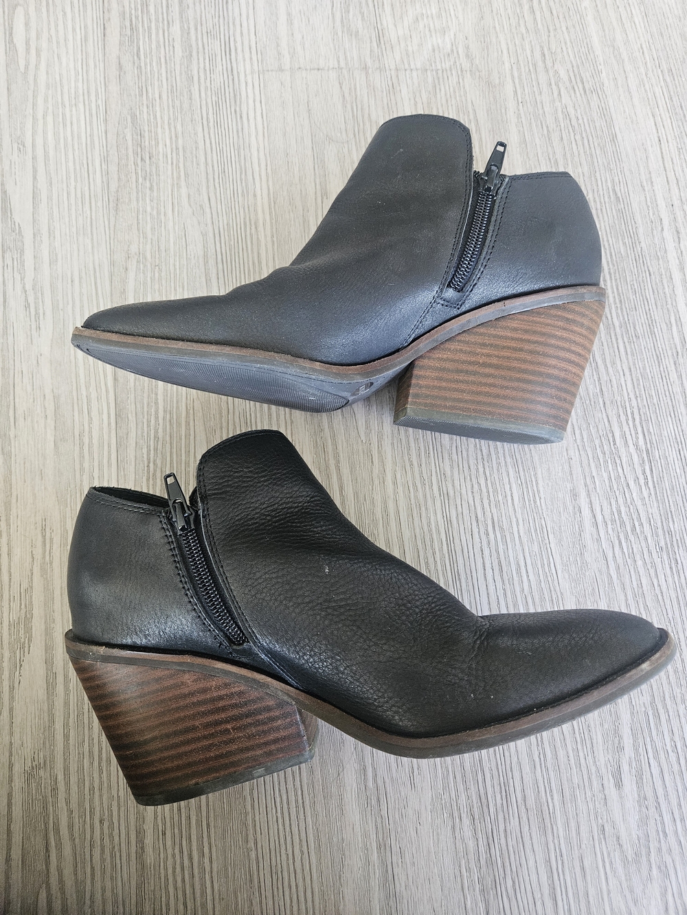 Lucky Brand Black Leather Ankle Booties with Stacked Brown Heel